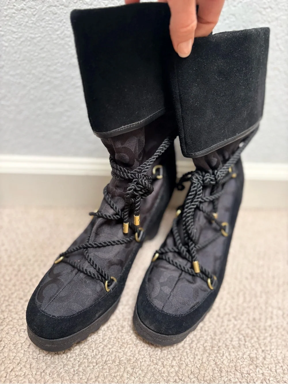 COACH Women's Black Wedge Lace-Up Winter Boots